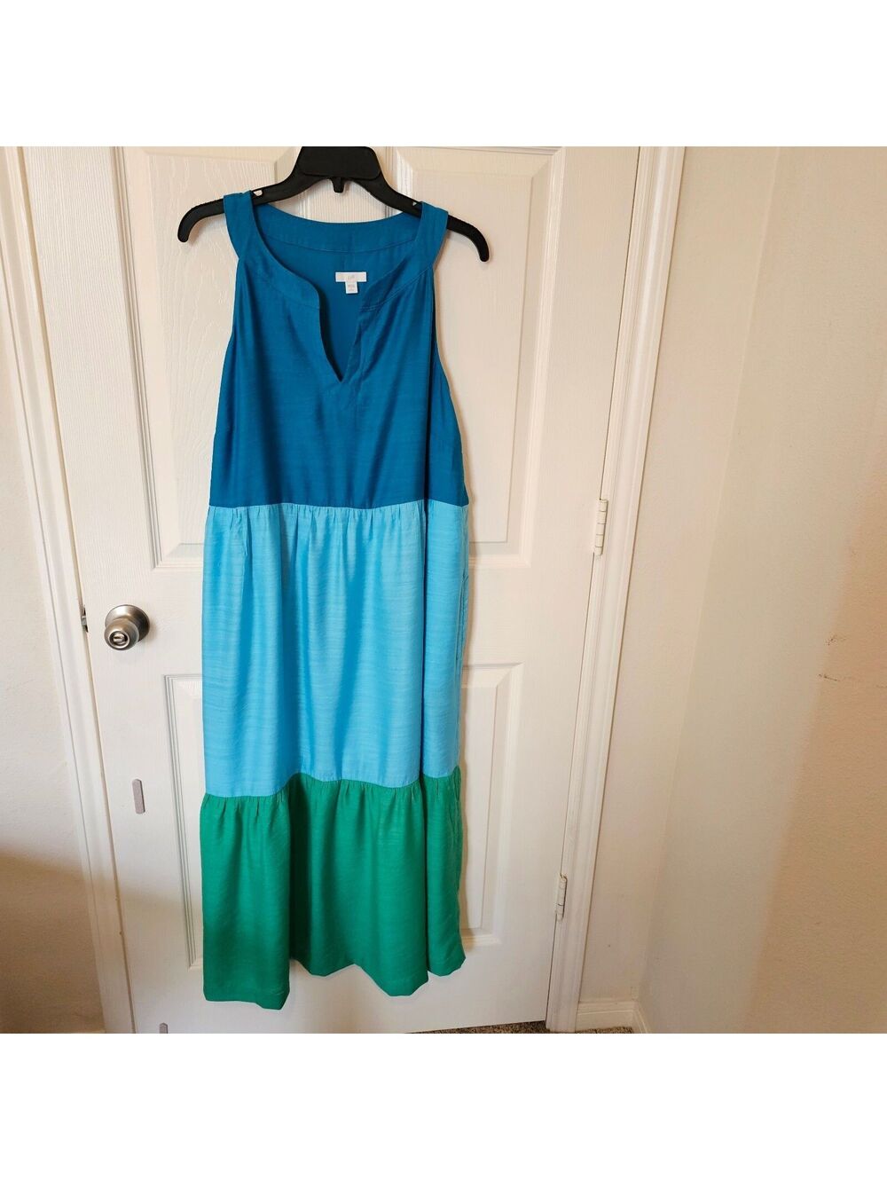 J Jill Women Maxi Dress Blue Aqua Green Relaxed Fit Flowy Bohemian size LPetite